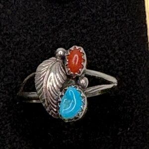 Artisan Silver Ring with Red Coral and Turquoise with Leaf .